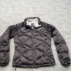The North Face Down Puffer Jacket Women Medium Gray Full Zip Diamond Quilted 550